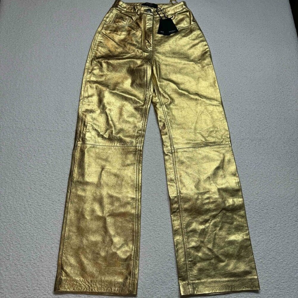 Muubaa London Amy Straight Sheep Leather Jeans 5-Pocket Gold Metallic Size US 0